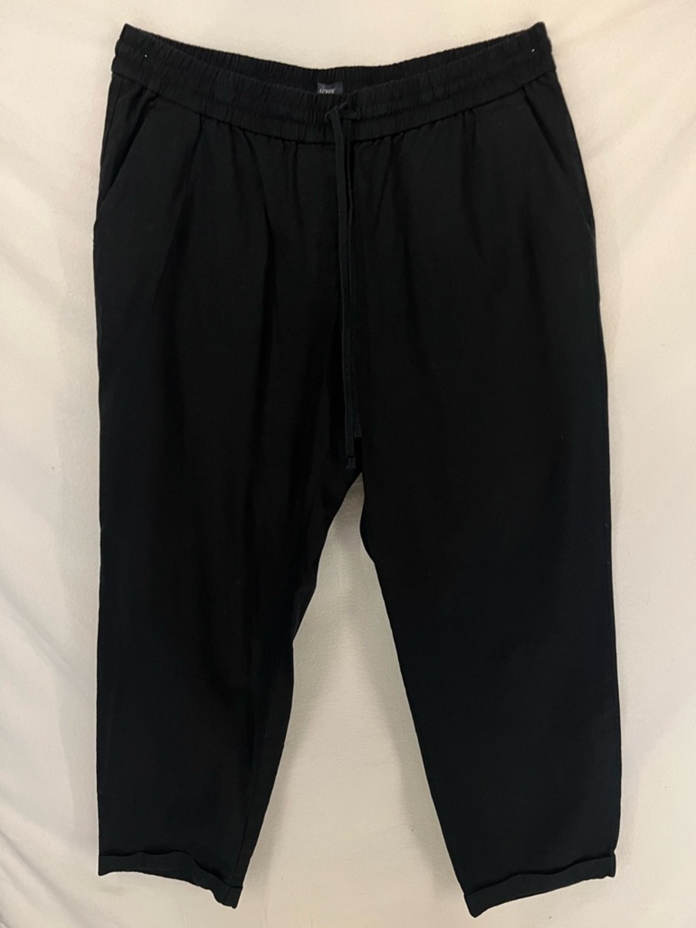 J Crew Linen Cotton Blend Black Elastic Waist Drawstring Cuffed Pants Size 14